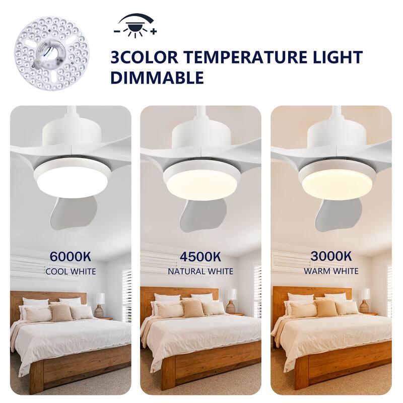 42-Inch Modern White Ceiling Fan With Light, Featuring 3 ABS Plastic Blades, Remote Control Operation - White Marble