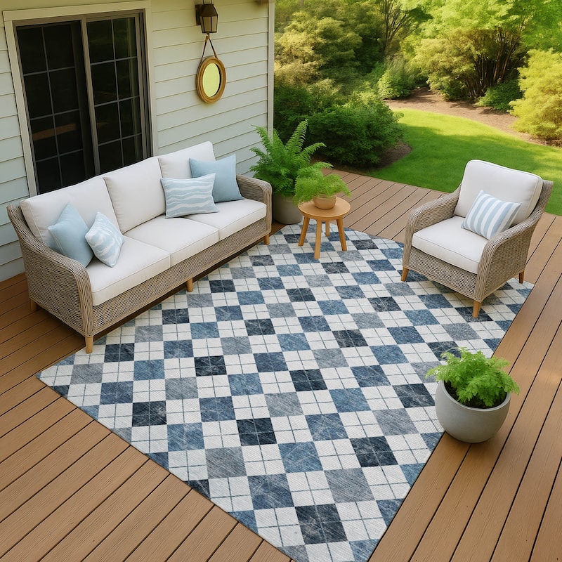 Machine Washable Indoor/ Outdoor Modern Argyle Chantille Rug - Blue - 3' x 5'