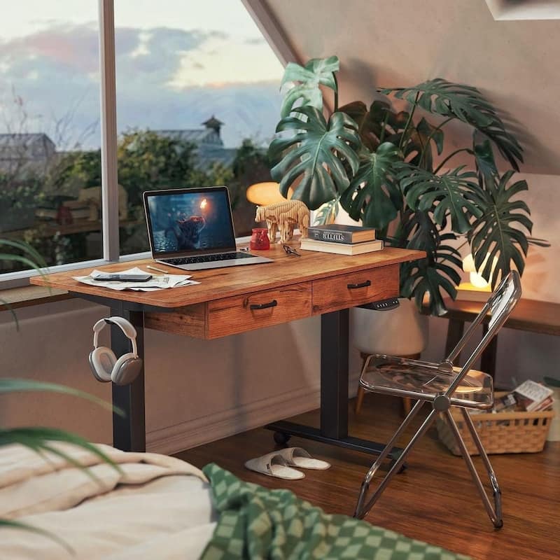 FEZIBO/Home Office Furniture/Wood/Standing Desk With 2 Drawers/Desks - 55" x 24" - Fir Brown