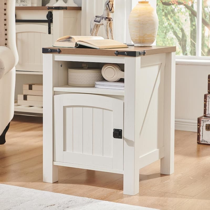 Farmhouse Nightstand with Charging Station, Wood End Table, Side Table - Antique White