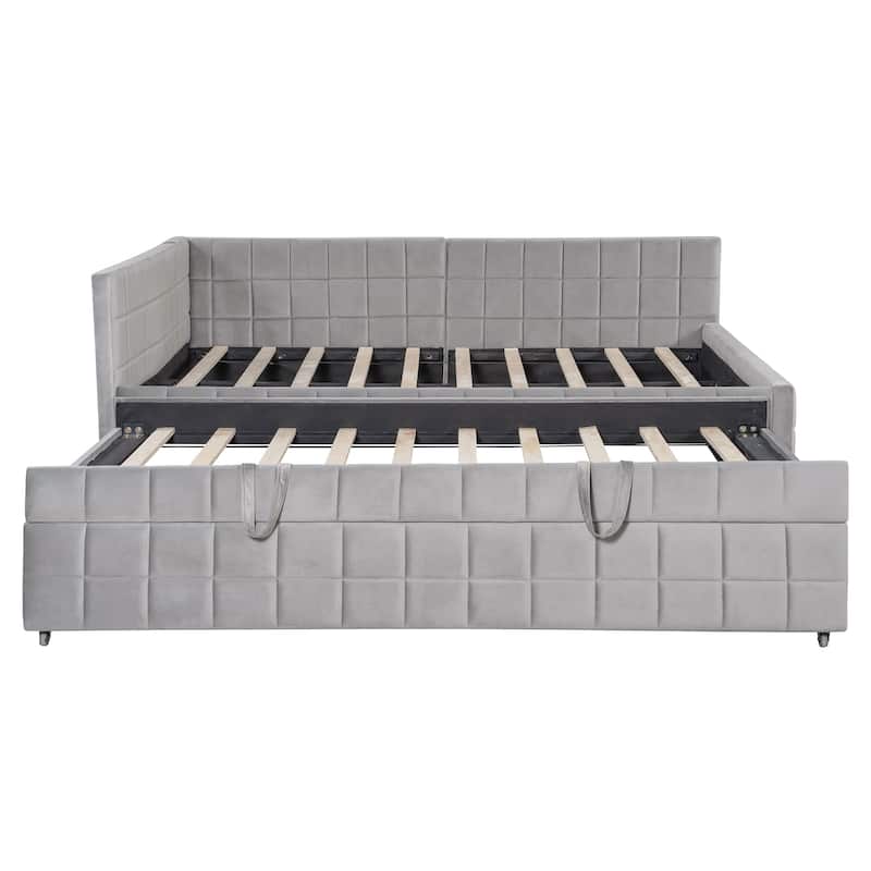 Full-Size Upholstered L-Shaped Daybed With Twin Pop-Up Trundle And USB Charging Ports.