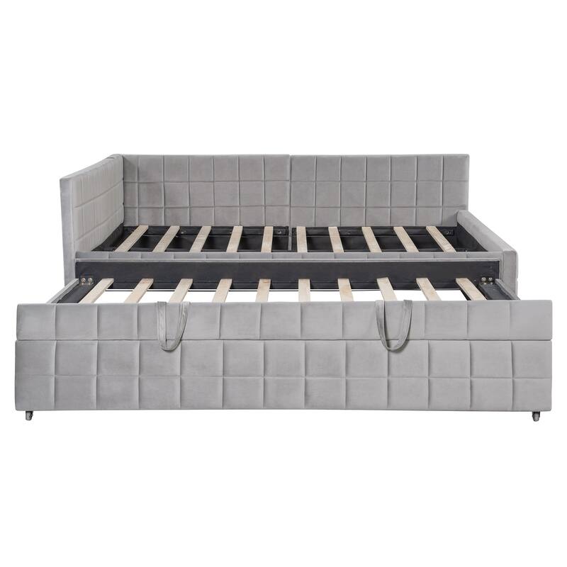 L-Shaped Upholstered Daybed with Pop Up Trundle, Checkered Tufted Sofa Bed Built-In USB Charging Ports, Full Sleeper Sofa Bed