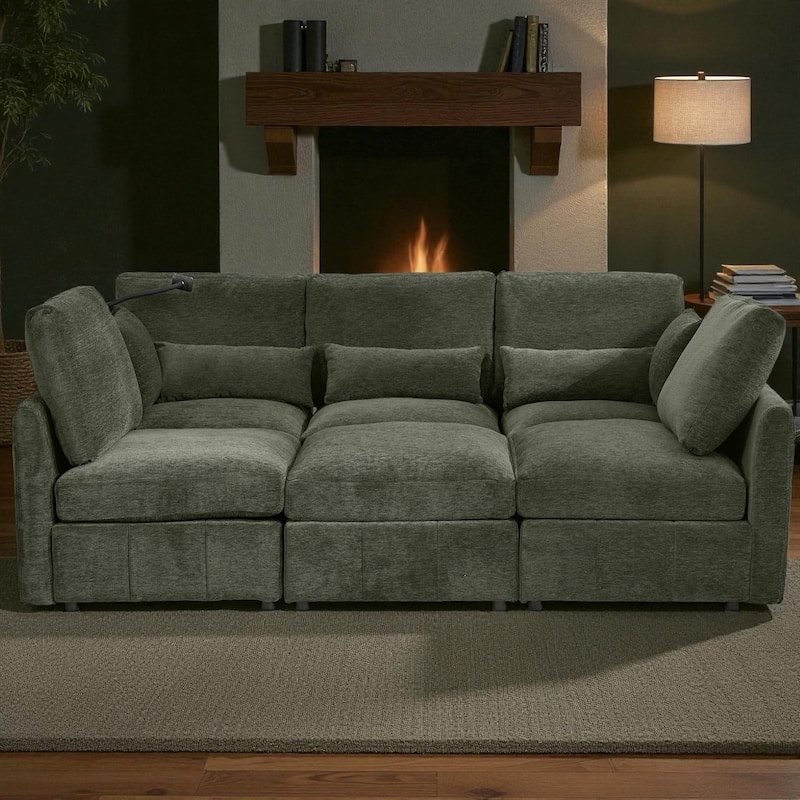 85.4" Modular Sectional Sofa with Movable Ottoman, USB Ports and Phone Holder, Chenille U-Shape Couch for Living Room - Green