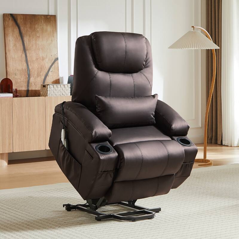 Bestier 34.6" Electric Power Lift Asist Recliner Chair with Massage and Heat,Fax Leather Reclining Chair with Side Pockets - Brown