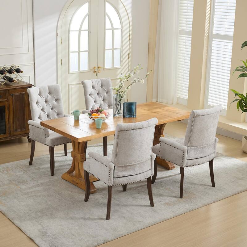 Upholstered Chenille Dining Chairs, Tufted Accent Armchairs with Curved Solid Wood Legs, Dining Room Arm Chair
