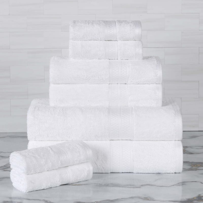 Superior 8 Piece Towel Set (2 Piece Bath Towel and 6 Piece Hand Towel), Rayon From Bamboo and Cotton - White