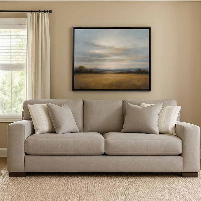 Magg 96 Inch Sofa, 4 Ivory Throw Pillows, Soft Flax Beige Polyester