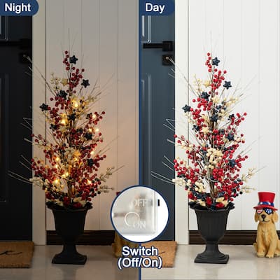Glitzhome 36"H Americana LED Lighted Berry & Stars Urn Porch Tree with Timer