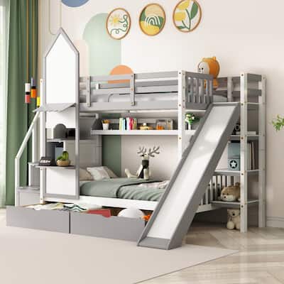 Bunk Bed with 2 Drawers 3 Shelves and Slide