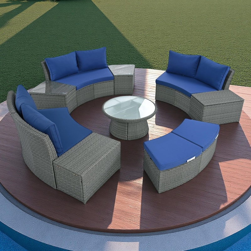 10-Piece Outdoor Rattan Modular Sectional Sofa Set with Coffee Table, Storage Box, Side Tables - Blue
