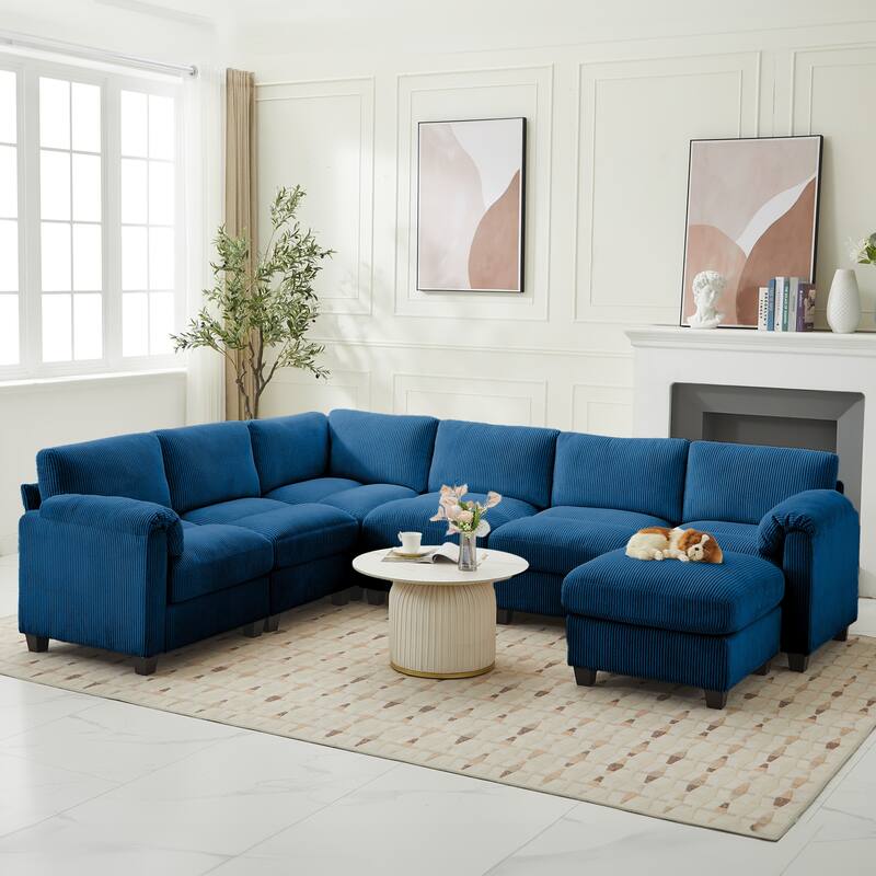 Corduroy Corner Sectional Sofas with a Removable Ottoman, L-shaped Reversible 7-seat Modular Couch