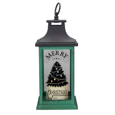 12" Green and Black LED Candle With Christmas Tree Tabletop Lantern
