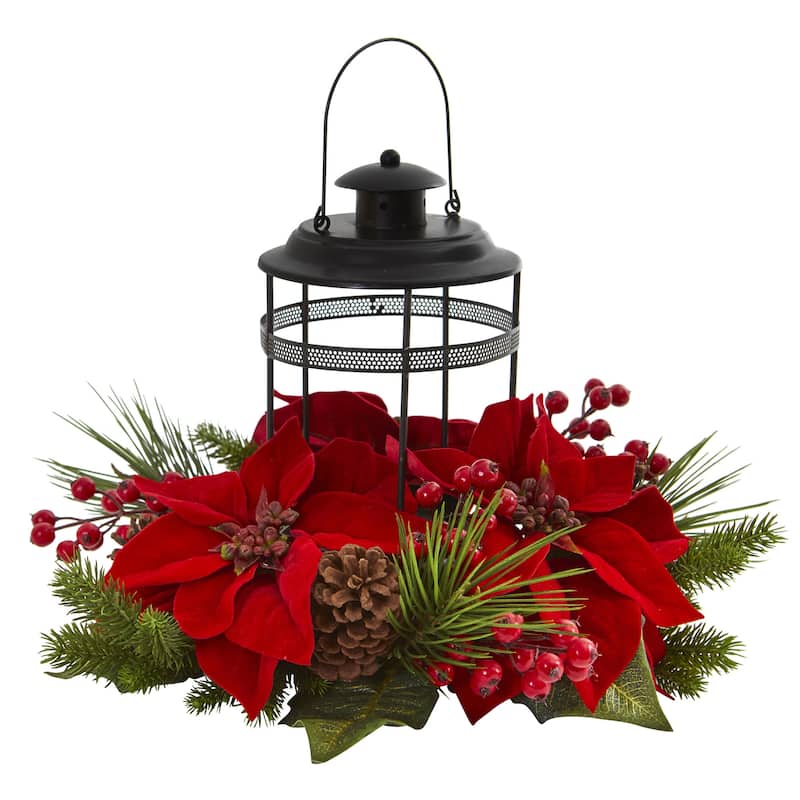 Poinsettia Berry Pine Artificial Arrangement Candelabrum - Red