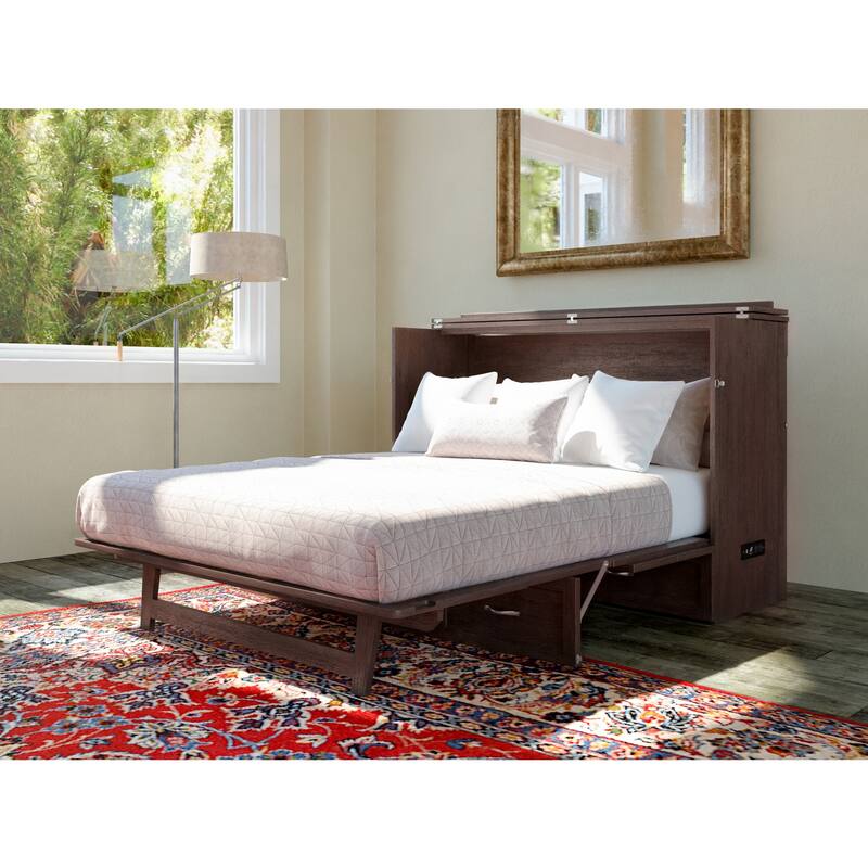 Murphy Bed Chest with Charging Station - Space Saving Queen Bed - Burnt Amber Finish