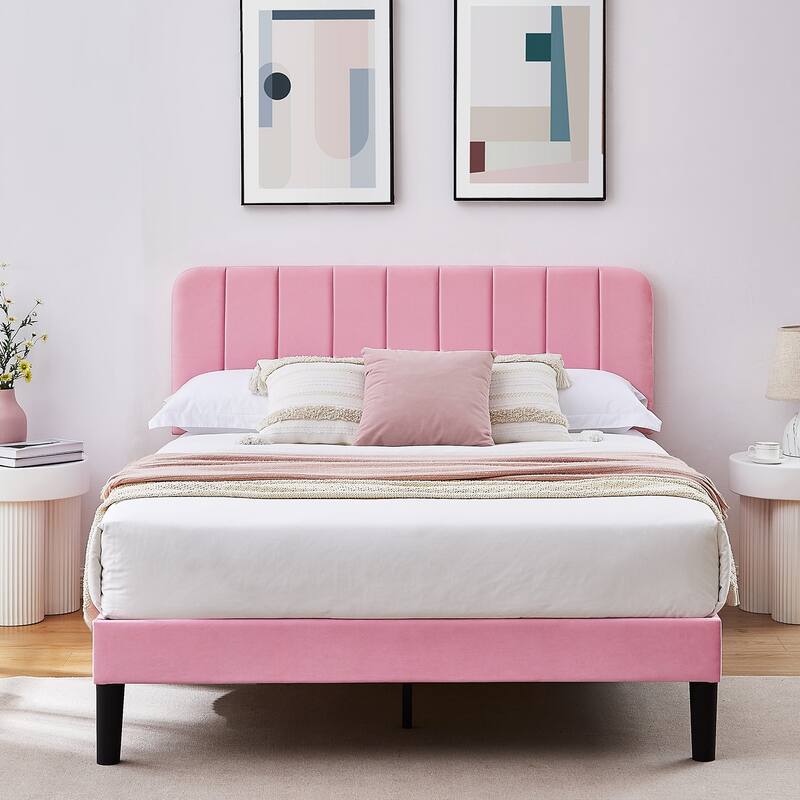 Javlergo Upholstered Platform Bed Frames with Height Adjustable Headboard, Sturdy Wooden Slats/Noise-free - Pink - Queen