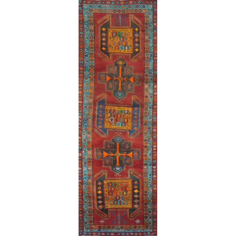 Hand Knotted Oriental 100% Wool Carpet Traditional Tribal Red Ardebil Runner Rug - 12' 6'' X 3' 8''