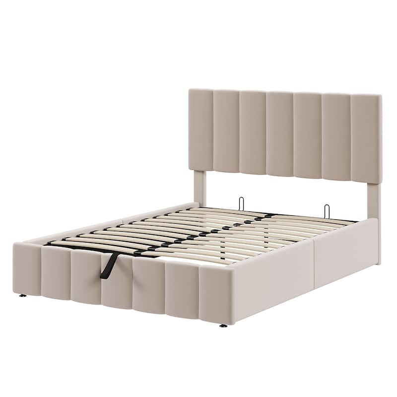 Full Size Linen Platform Bed, Hydraulic Lift with Hidden Compartment
