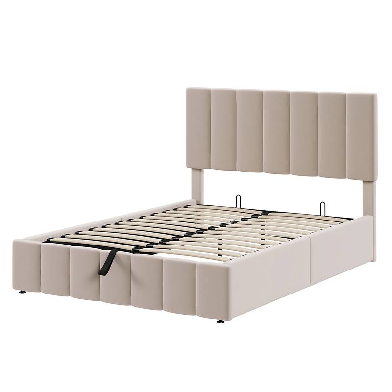 Hydraulic Lift Up Storage Bed, Linen Upholstered Platform Bed Frame with Vertical Panel Headboard, Wooden Slat Support