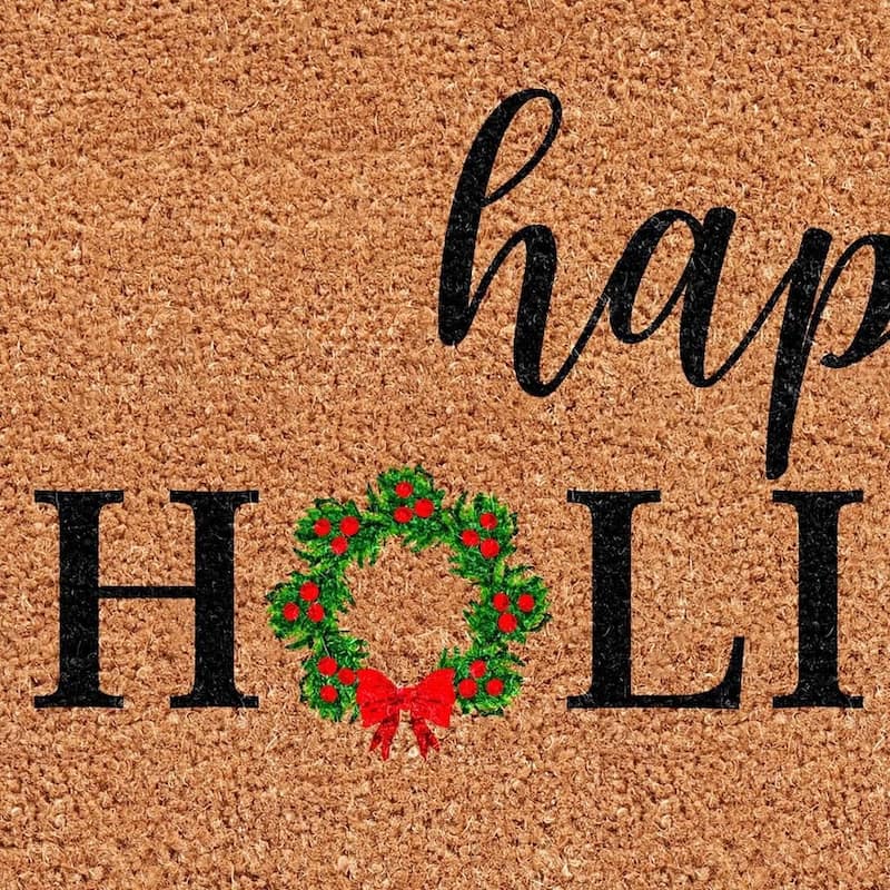 HomeRoots 24" X 36" Brown Black And Green Christmas Happy Holidays Outdoor Coir Door Mat - 24.00' X '36.00