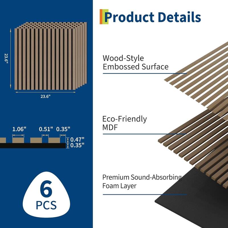 23.6"X23.6" 3D Fluted Wood Slat Acoustic Soundproof Wall Panels for Noise Reduction, Interior Decor