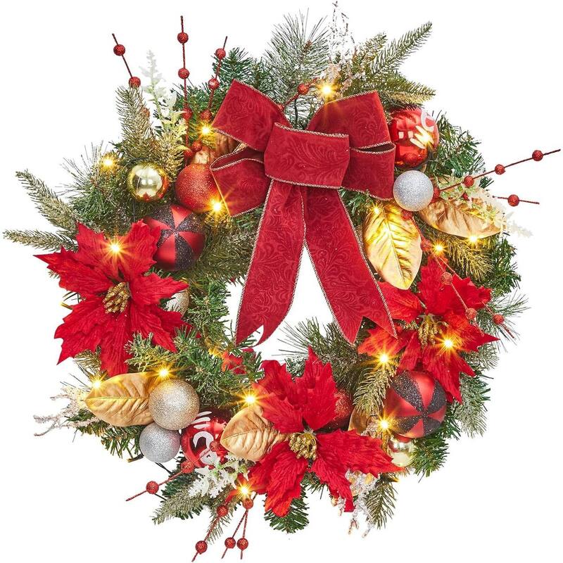 24 Inch Pre-Lit Christmas Wreath with Red Ribbon & Gold Accents - Red