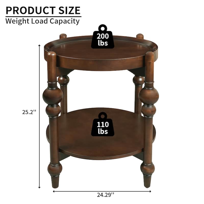 Mid-Century Modern Round Wood End Table, Solid Wood Side Table with Lower Shelf, Small Living Room Accent Table