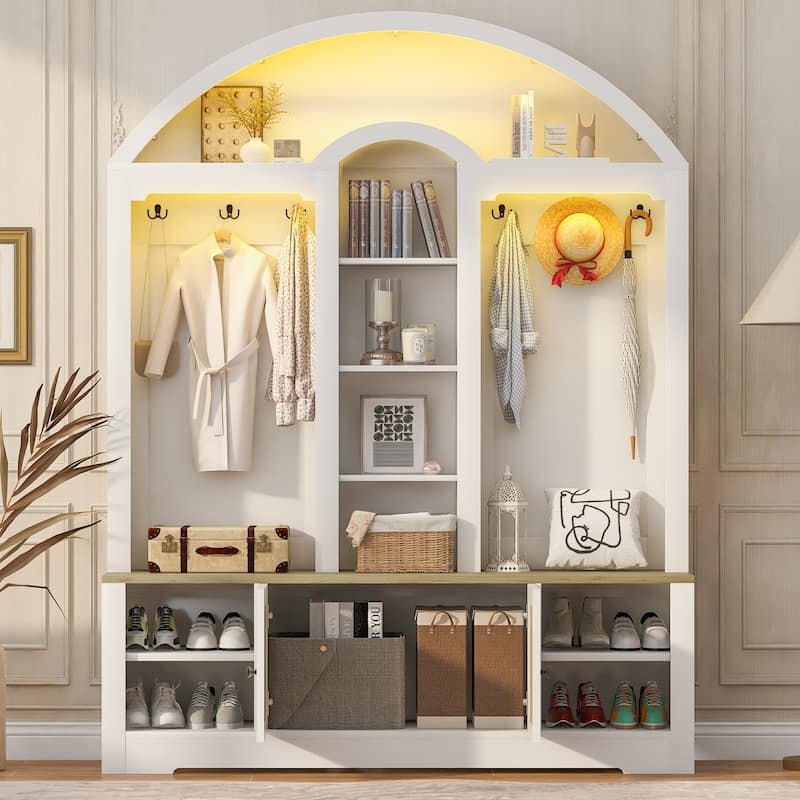 Hall Tree with Bench and Shoe Storage, Wood Entryway Bench with Coat Rack, Coat Hooks, Narrow Tall Storage Cabinet with Shelf - White+Natural