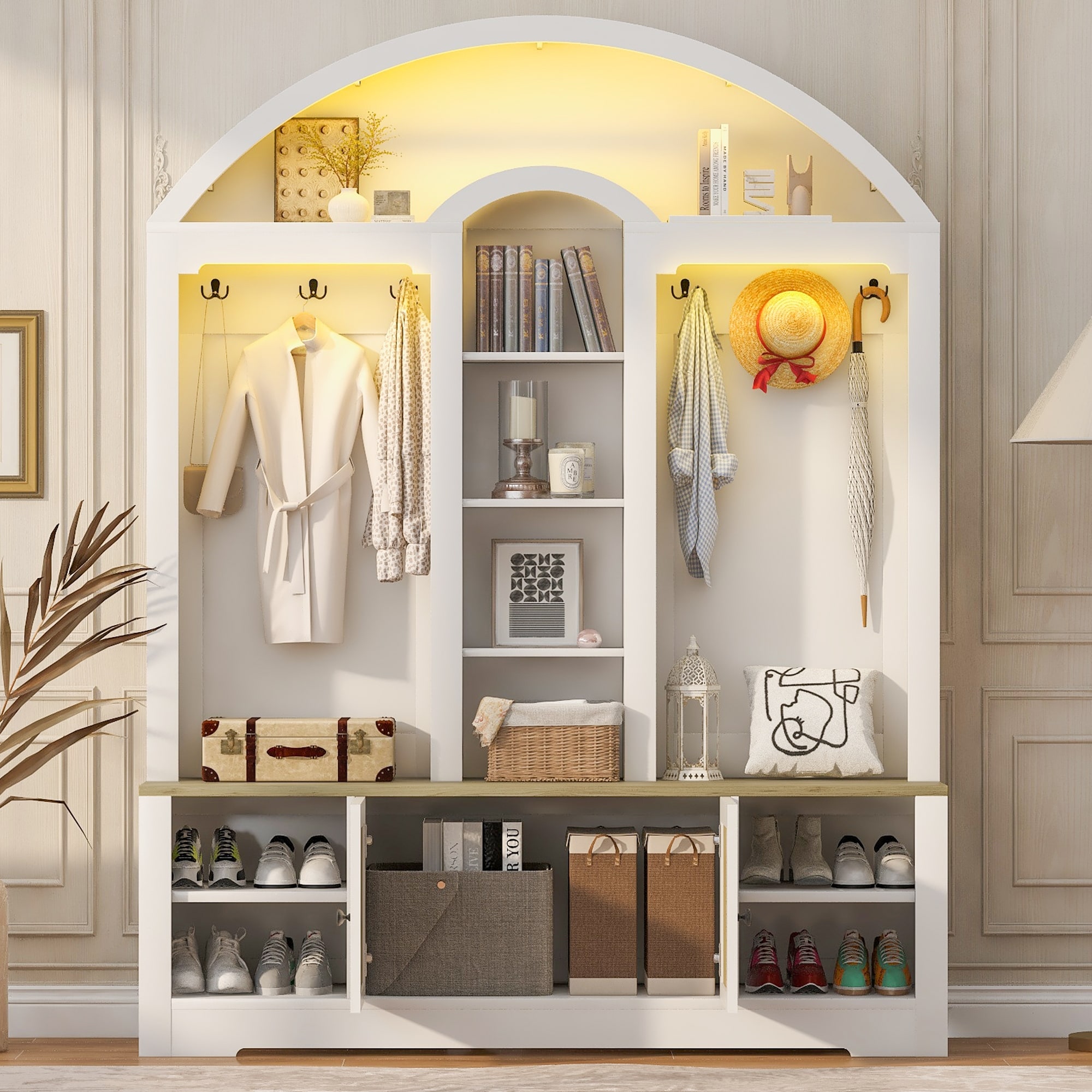 Multi-functional Wardrobe with Curved Design, Shoe Rack & Hooks