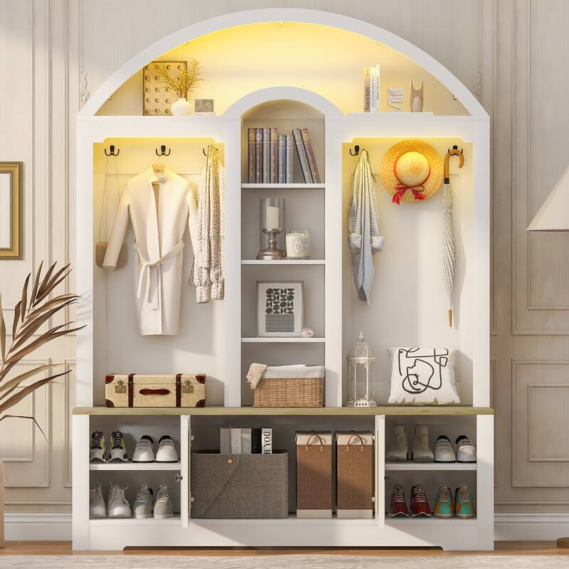 Multi-functional Wardrobe with Curved Design, Shoe Rack & Hooks