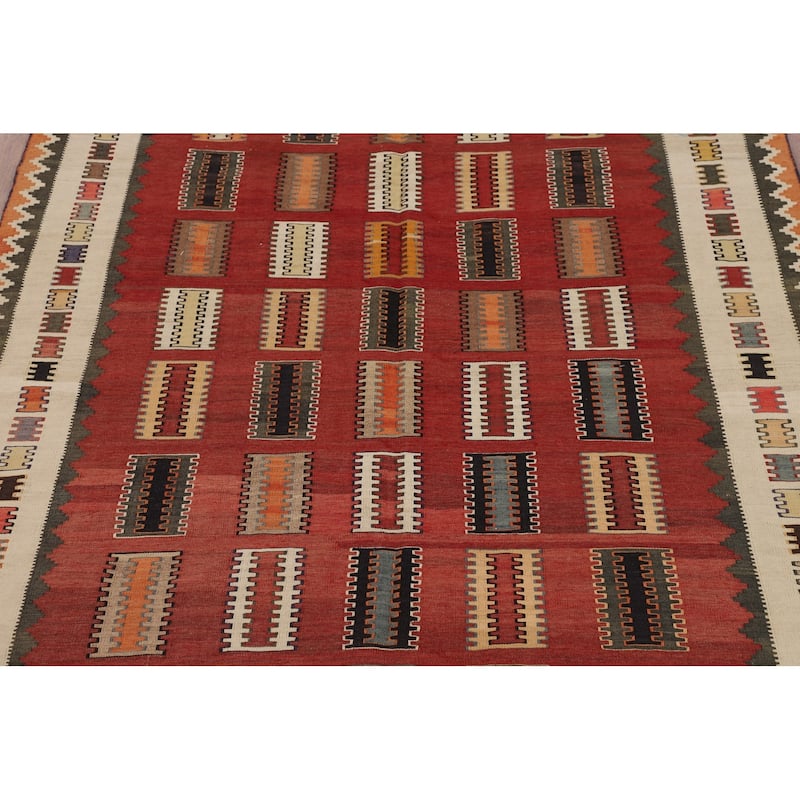 Red Kilim Qashqai Persian Vintage Rug Flatweave Wool Carpet - 5'3"x 8'2"