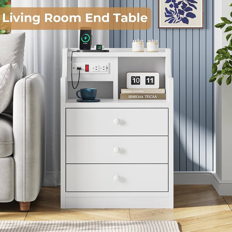 Nightstand with Drawers Charging Station End Side Table with Hutch
