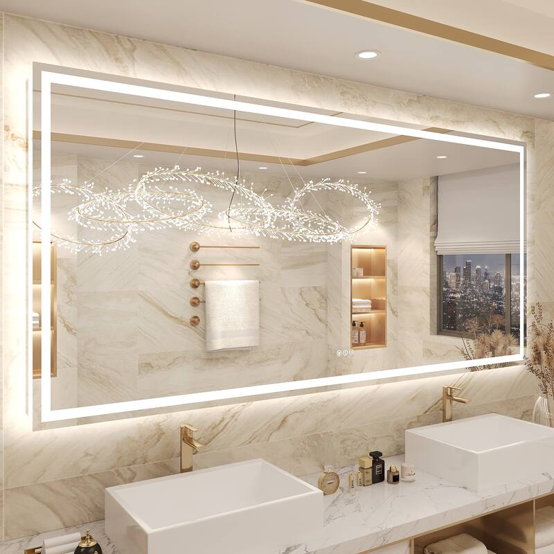Frameless LED Front Light and Backlit 3 Colors Dimmable Anti-Fog Wall Bathroom Vanity Mirror