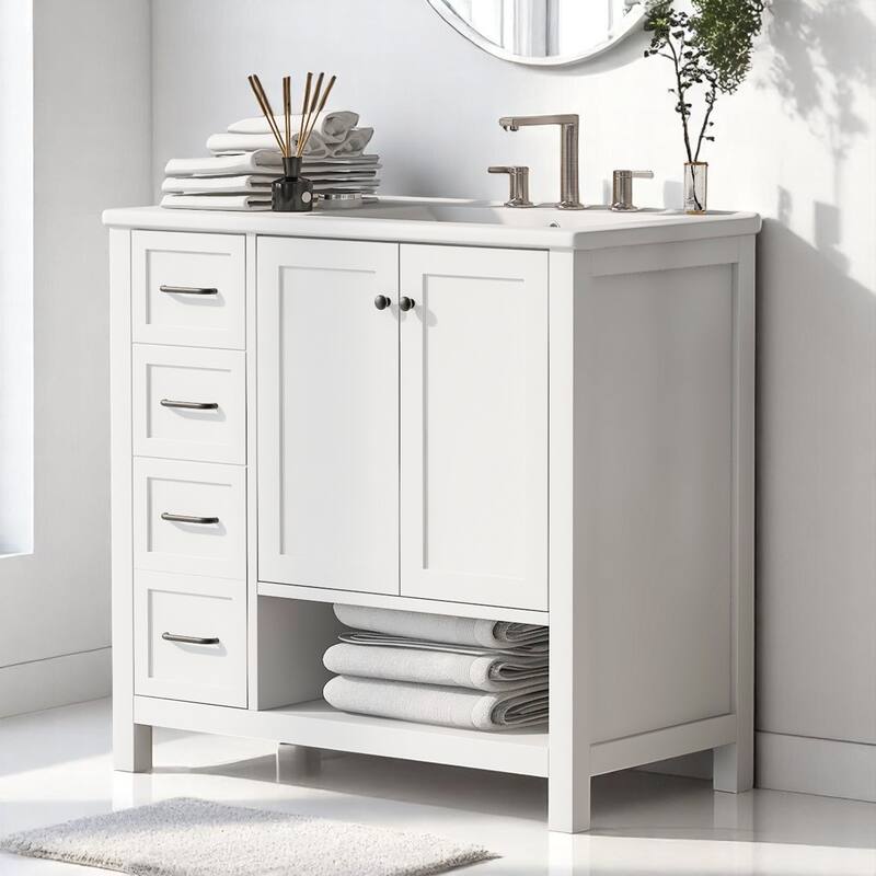Freestanding 36 Inch Bathroom Vanity with Sink, Storage Cabinet with Drawers and Open Shelf, MDF & Wood - White