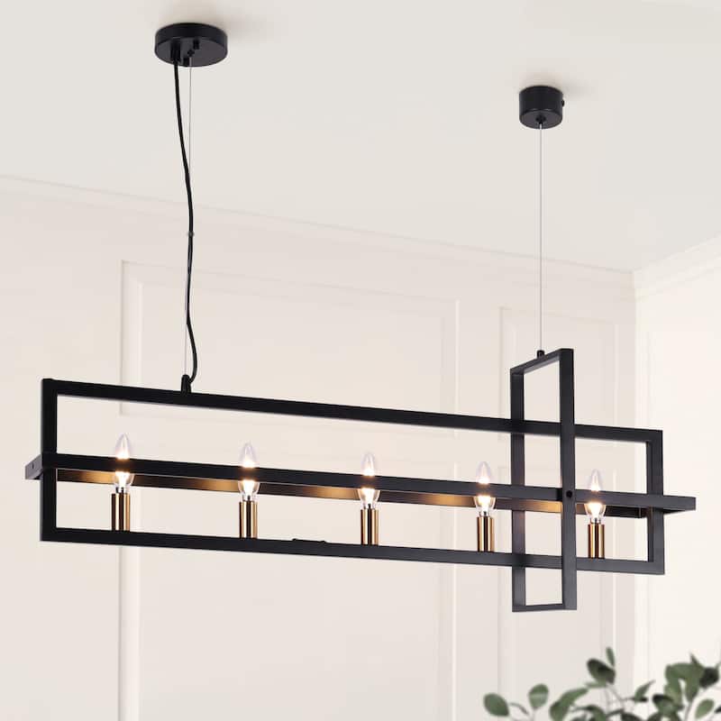 Modern 5-Light Linear Chandelier Candle Kitchen Island Lights - Black&Brass - 36.7"Wx7"Dx14.7"H
