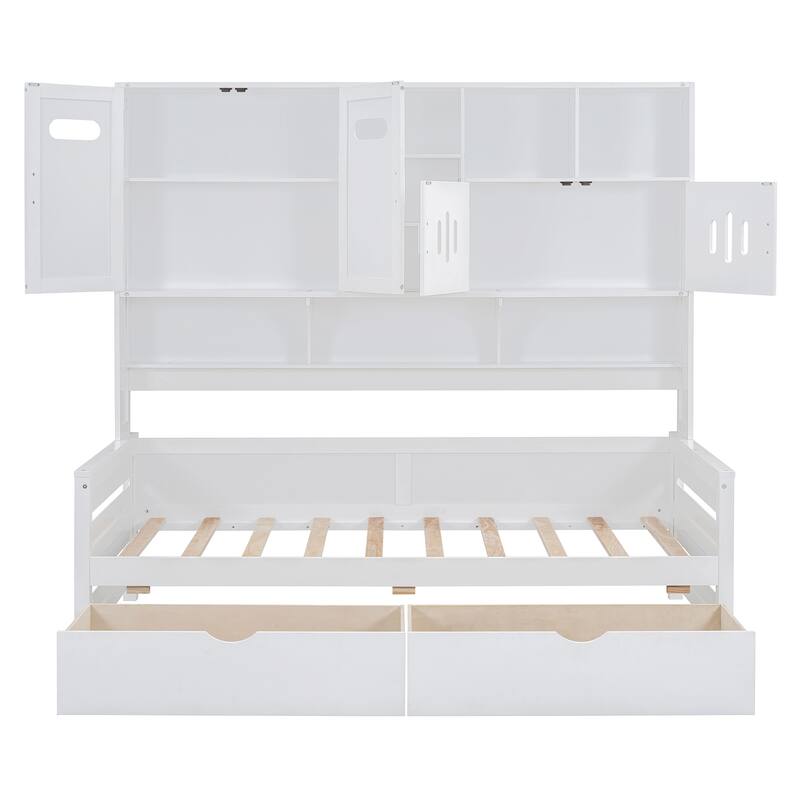 Contemporary Twin/Full Size Wooden Daybed with 2 Storage Drawers, Cabinet, and Shelf - Solid Wood Slats
