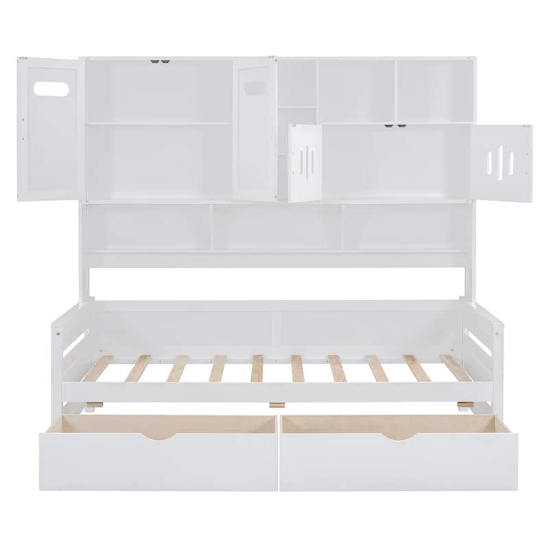 Twin Size Wooden Daybed with 2 Drawers, All-in-One Cabinet and Shelf for Bedroom