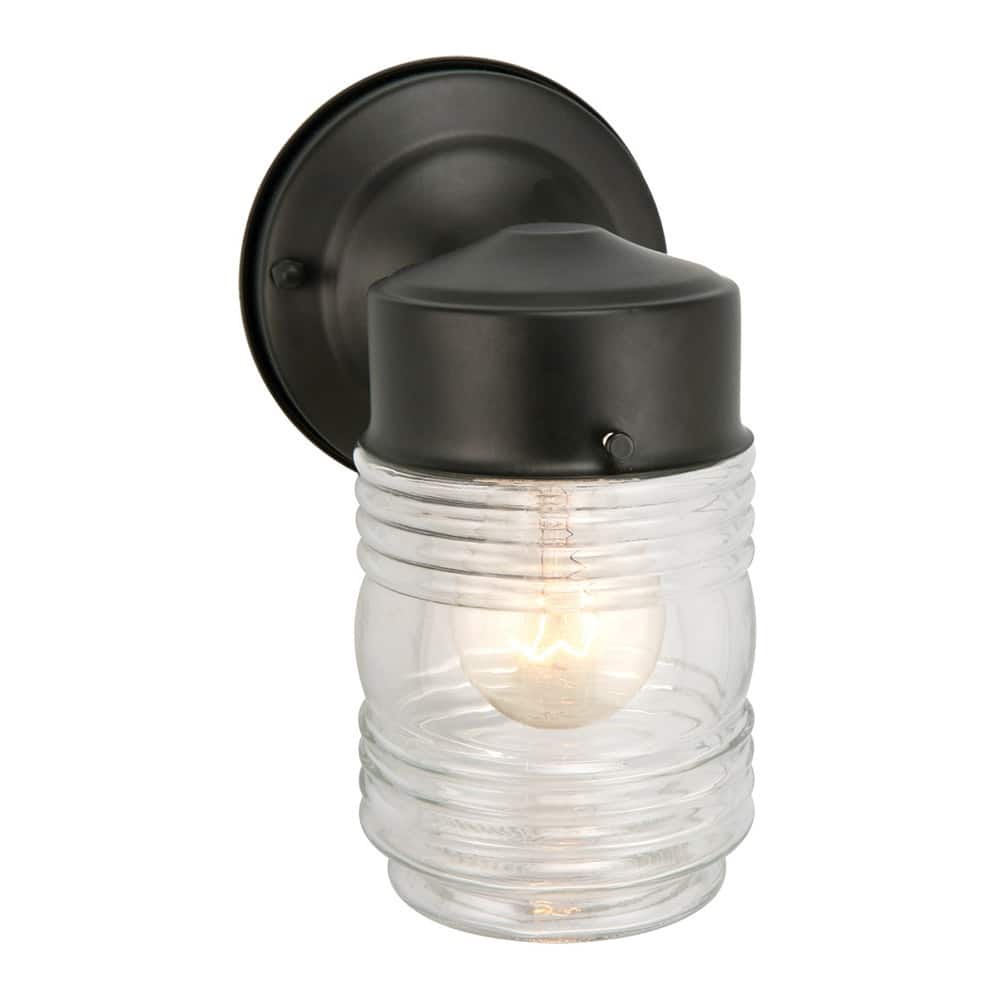 Design House Jelly Jar 1-Light Indoor/Outdoor Matte Black Wall Light with Clear Ribbed Glass