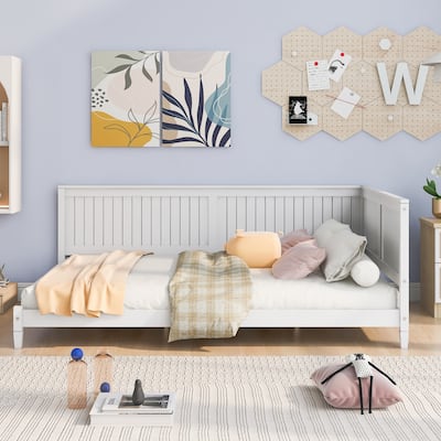 Mid-Century Couch Bed, Full Size Daybed, Wooden Platform Bed with Backrest and Unique Armrest, Sigle Sleeper Sofa Bed