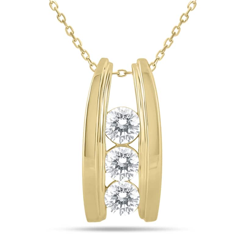 Marquee 14k Yellow Gold 1ct TDW Diamond Ladder 3-stone Necklace
