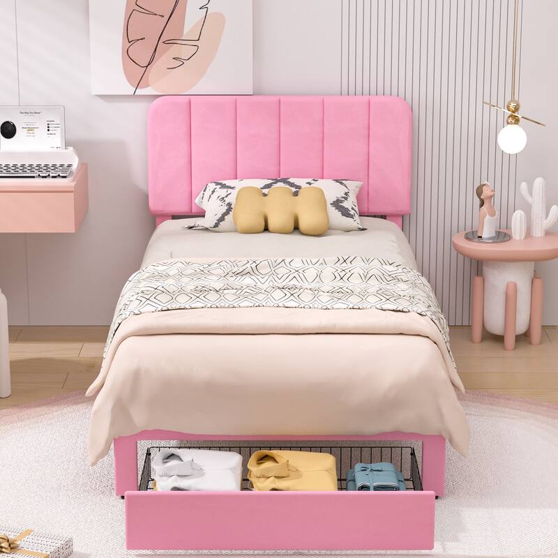 VECELO 2-Pack Kid Bed Frame Set Twin Size Platform Bed with Adjustable Upholstered Headboard Storage Drawer No Box Spring Needed