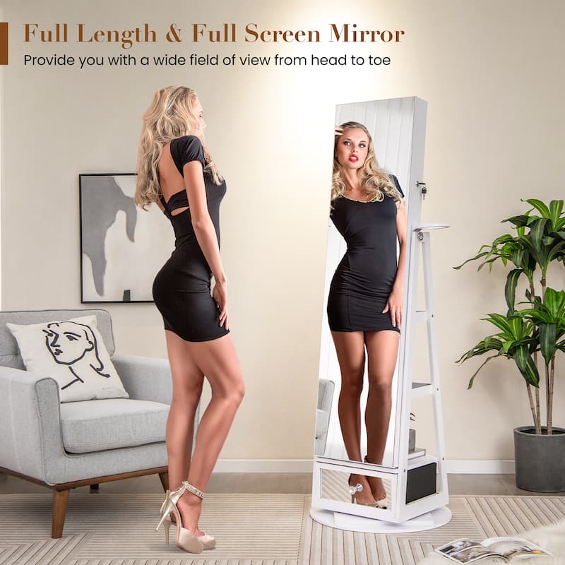Gymax Swivel Jewelry Cabinet Full Length Mirror w/Built-in Lights