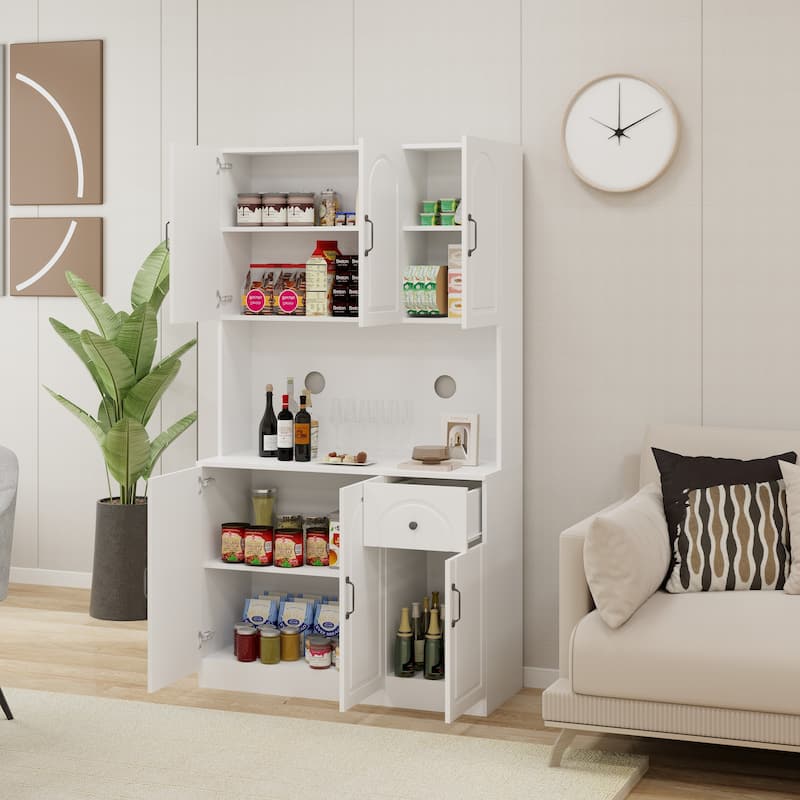 71" Kitchen Pantry Storage Cabinet with Microwave Oven Countertop, Freestanding Hutch Cabinet with Adjustable Shelves