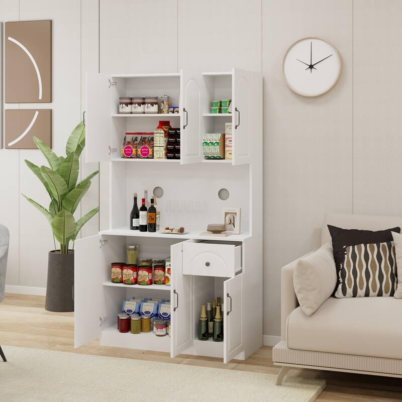 Kitchen Pantry with Microwave Countertop, Storage Cabinet with 6 Doors and 1 Drawer, Cupboard with Adjustable Shelves