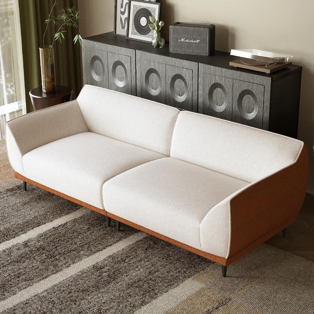 86 Inch Modern Beige Boucle Sofa With Faux Leather Frame - 86.61" W x 35.43" D x 32.28" H