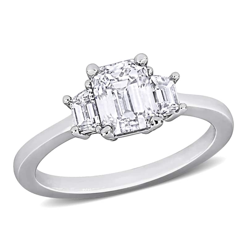Miadora 1 7/8ct TDW Emerald and Trapezoid-Cut Diamond 3-Stone Engagement Ring in 14k White Gold