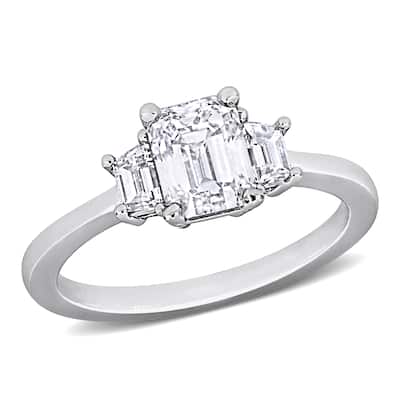 Miadora 1 7/8ct TDW Emerald and Trapezoid-Cut Diamond 3-Stone Engagement Ring in 14k White Gold