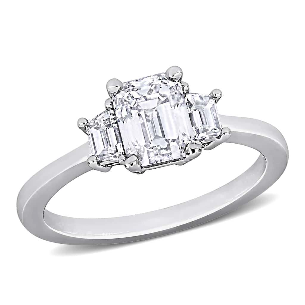 Miadora 1 7/8ct TDW Emerald and Trapezoid-Cut Diamond 3-Stone Engagement Ring in 14k White Gold