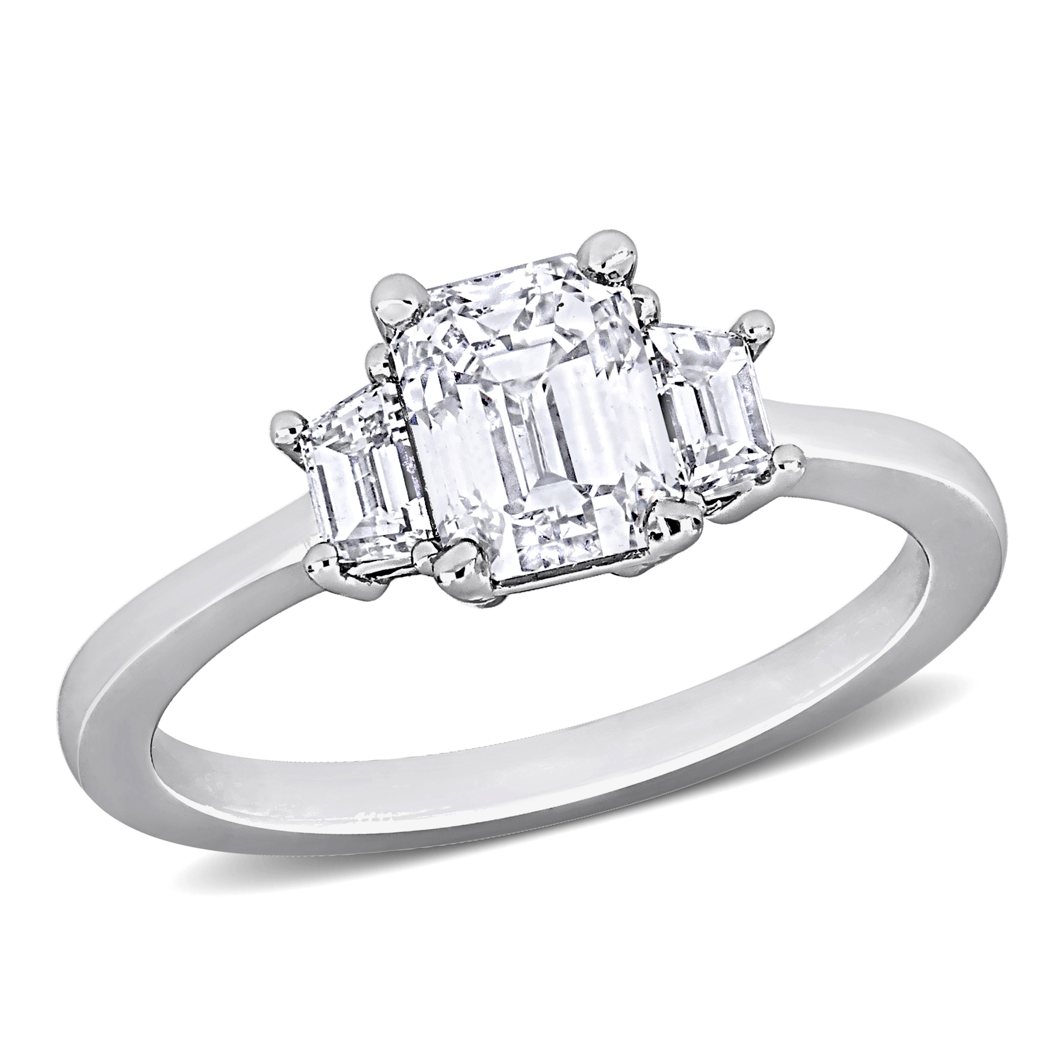 Miadora 1 7/8ct TDW Emerald and Trapezoid-Cut Diamond 3-Stone Engagement Ring in 14k White Gold