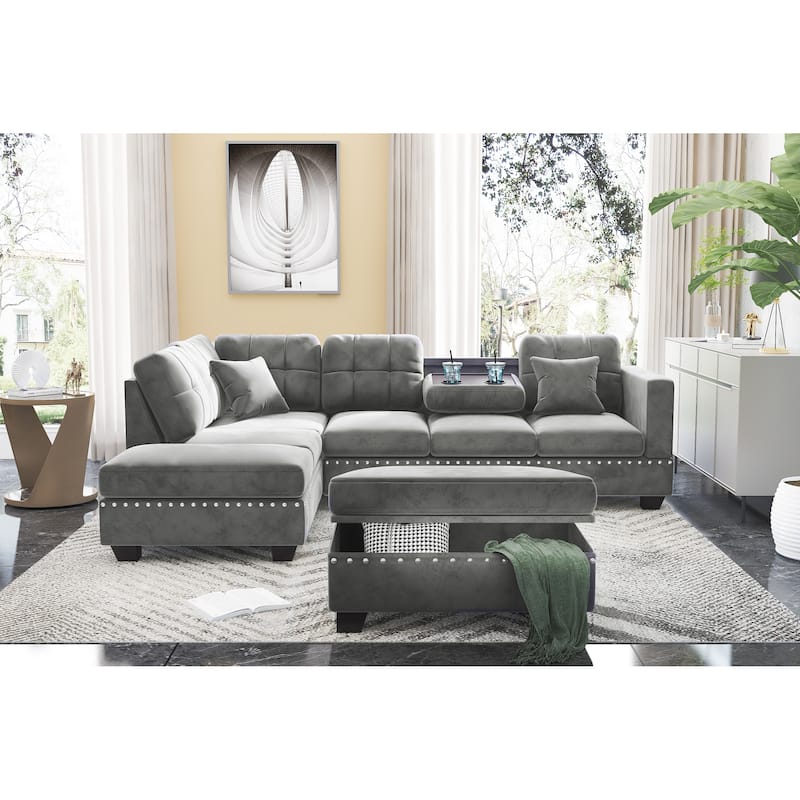 105 inch Reversible Sectional Sofa L shape Couch Space Saving with Storage Ottoman and Cup Holders Design
