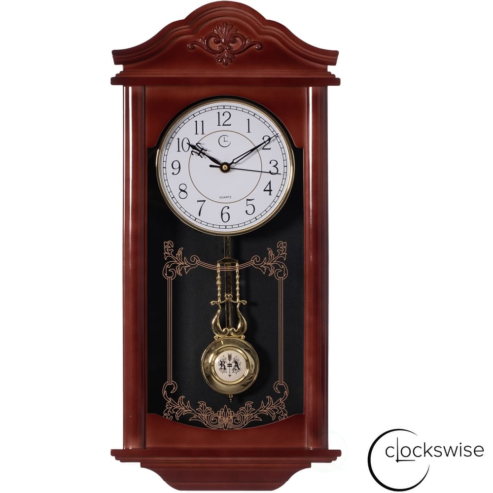 Clockswise Vintage Grandfather Wood-Looking Plastic Pendulum Decorative Battery-Operated Wall Clock Brown, for Home Decor